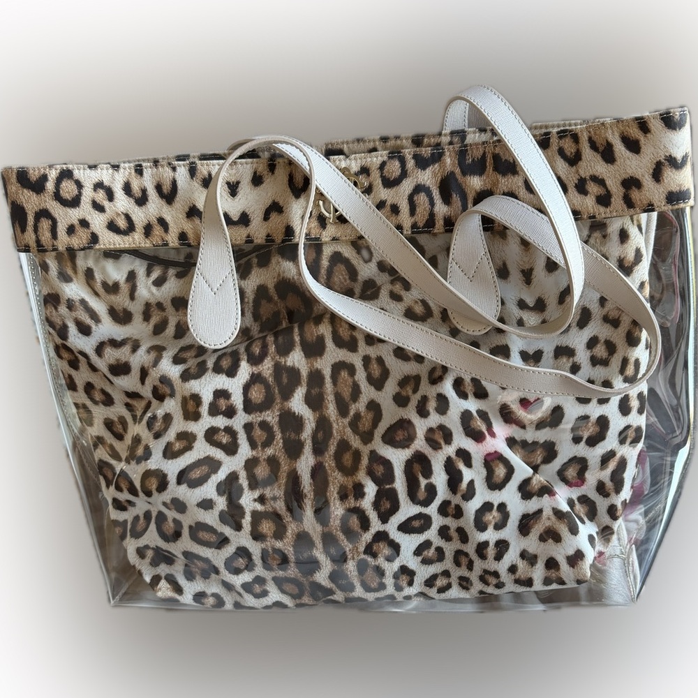 ROBERTO CAVALLI Clear Leopard Animal Tote Bag with Print Trim and Pouch insert
